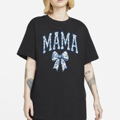 Mama Shirt, Blue Ribbon Shirt, Mothers Day Gift, Aesthetic Gift For Mom, Cute Mom Shirt, Toile Bow Shirt, Chinoiserie Shirt