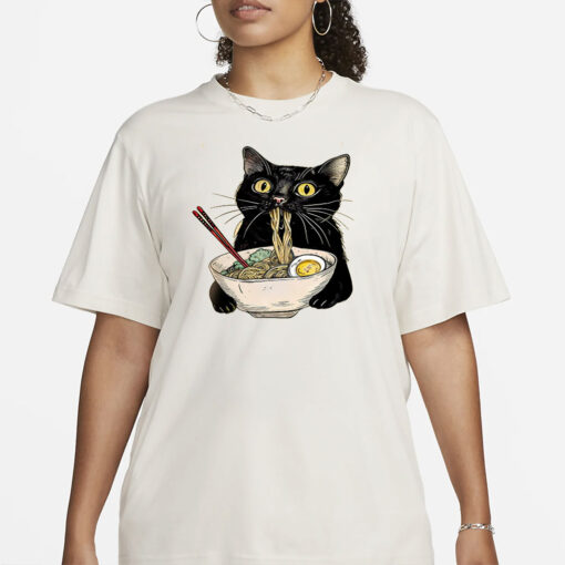 Noodle Cat Shirt, Ramen Cat T-Shirt, Foodie Lover Shirts, Black Cat Noodle T-Shirts, Retro Cat Tees, Cat Lover Sweatshirts, Black Cat Tee